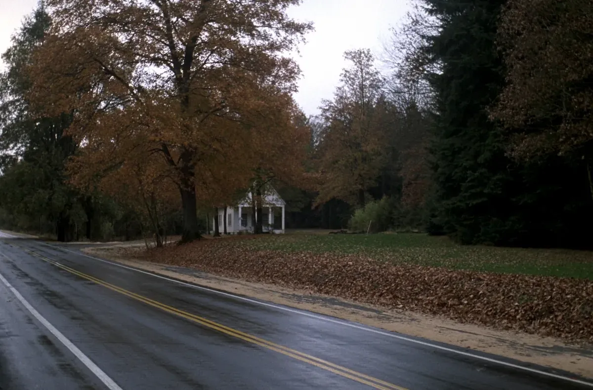 Two lane country road through sugar maple woods in autumn in Geauga County, Ohio
