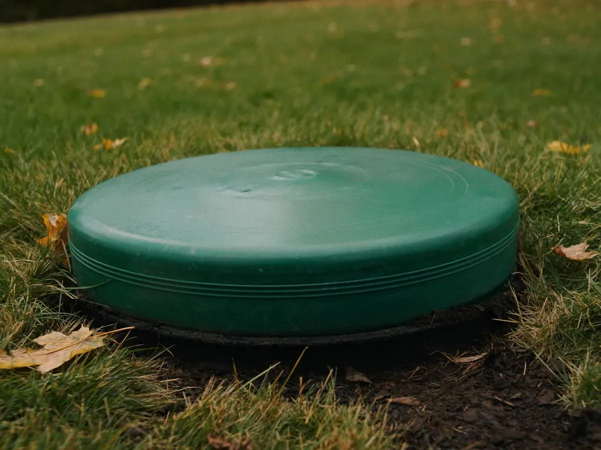 Plain green plastic septic access riser lid set in a backyard lawn in Northeast Ohio